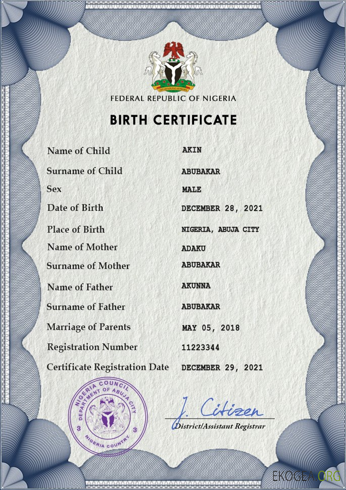 Modèle PSD de certificat de naissance de l'état civil du Nigeria